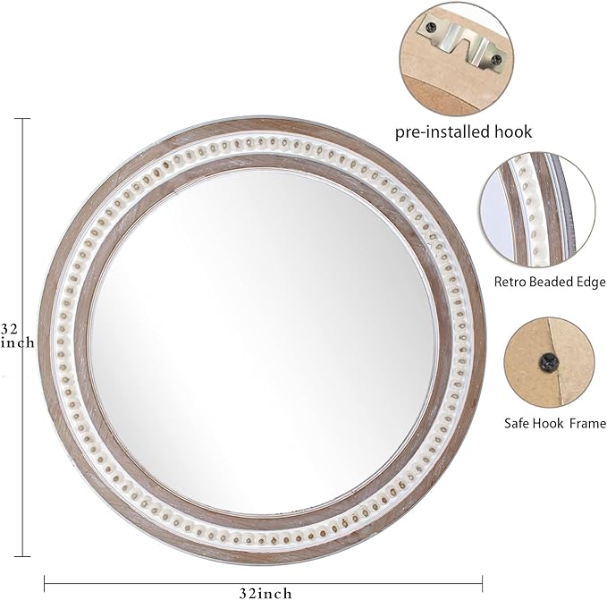 32'' Boho Wooden Large Round Wall Mirrors, Rustic Farmhouse Circle Mirrors - Image 7