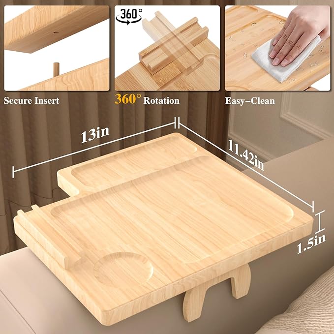 Bamboo Couch Arm Table with Remote Control Tray & Rotating Phone Holder - Image 2