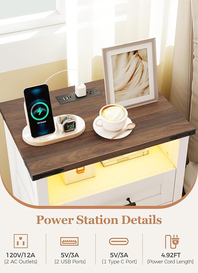Night Stand with Charging Station 22" Large Farmhouse Nightstands with 3 - Image 5