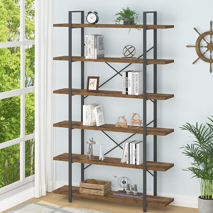 HSH 6 Shelf Tall Bookcase, Industrial Modern Large 6 Tier Bookshelf, Open Wood by HOMESWEETHOME
