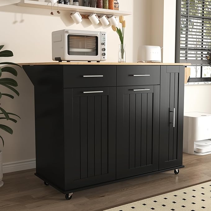 46" Kitchen Island with Drop Leaf, Dining Storage Cart W/ 3 Tier Pull Out - Image 9