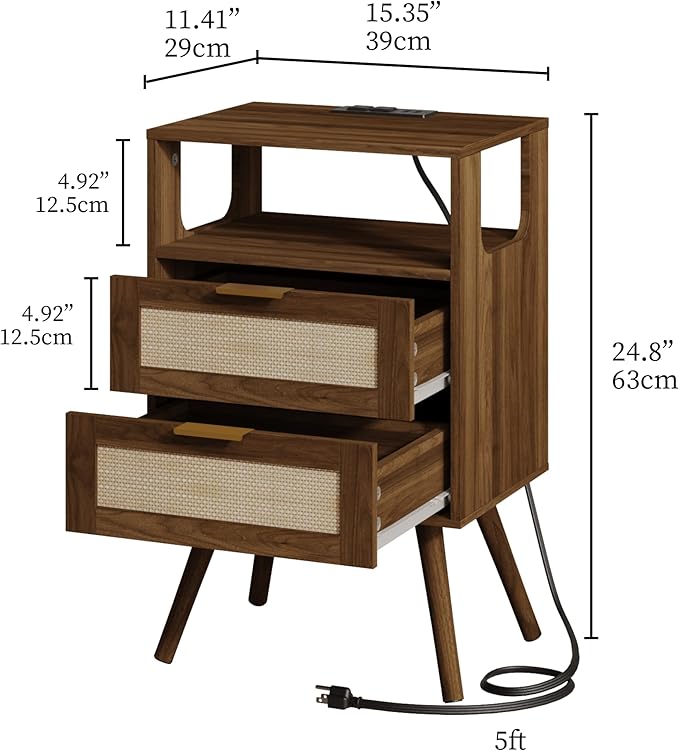 Rattan Nightstand with Charging Station, Farmhouse Bedside Table with 2 Storage - Image 2