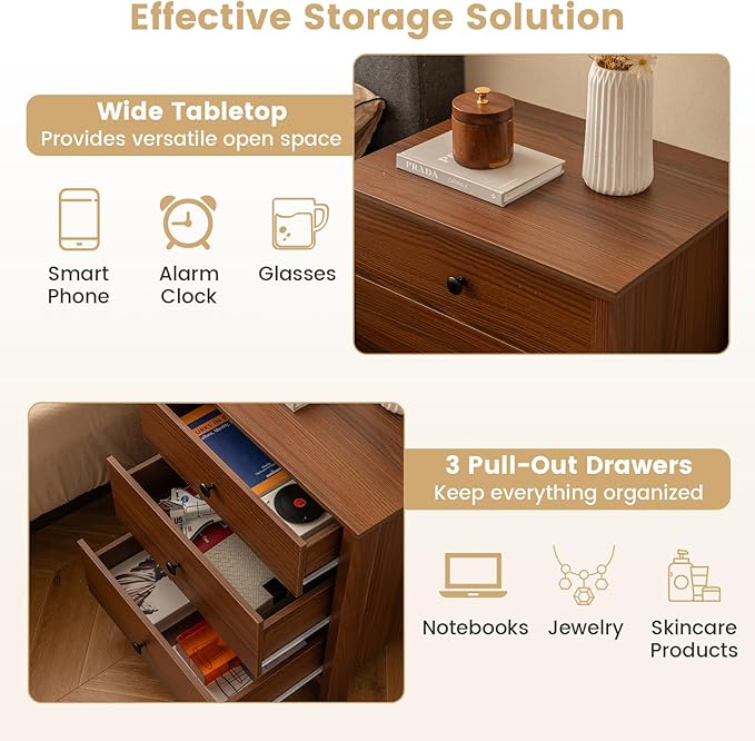 KOMFOTT 3 Drawers Nightstand, Wooden Bedside Table, Modern Sofa Side End Table - Image 6