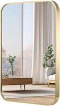 24x32 Inch Gold Bathroom Mirror, Brushed Gold Metal Framed Rectangular Mirror by JENBELY