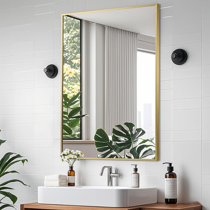 Brushed Gold Mirror, 16x20 Inch Aluminum Framed Rectangle Mirror, Tempered Glass by CLBA