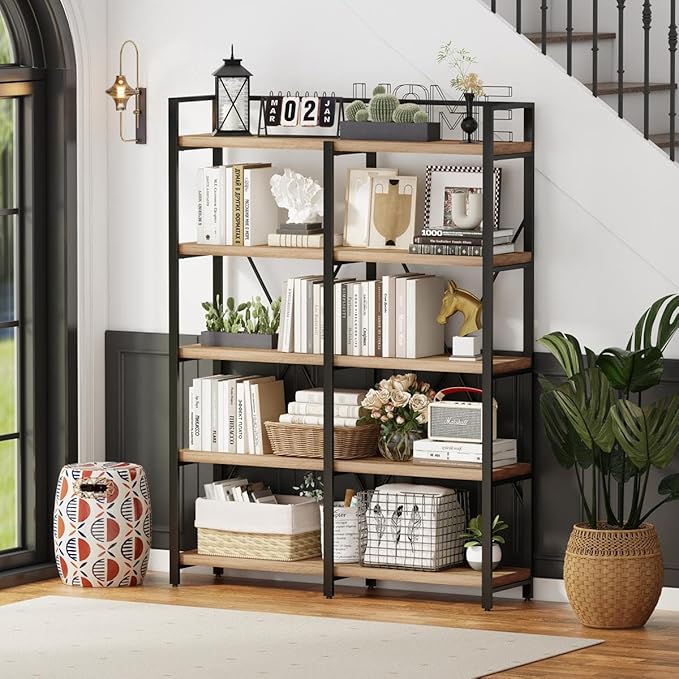 FATORRI Bookshelf, 5 Tier Industrial, Tall Etagere Bookcase, Rustic Wood and - Image 5