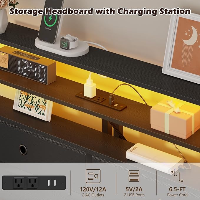 Furnulem Twin Bed Frames with Charging Station and LED Lights, Wood Headboard - Image 5