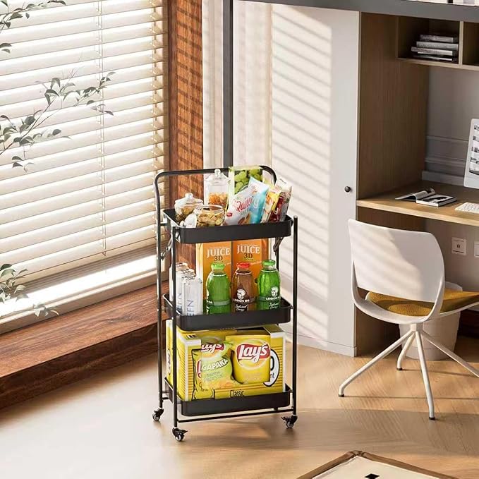 JAQ Foldable Rolling Cart, 3-Tier Metal Folding Storage Utility Carts Basket - Image 3