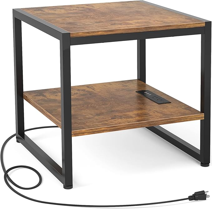 Homieasy End Table with Charging Station, 20 Inch Mini Fridge Stand with 2-Tier by Homieasy
