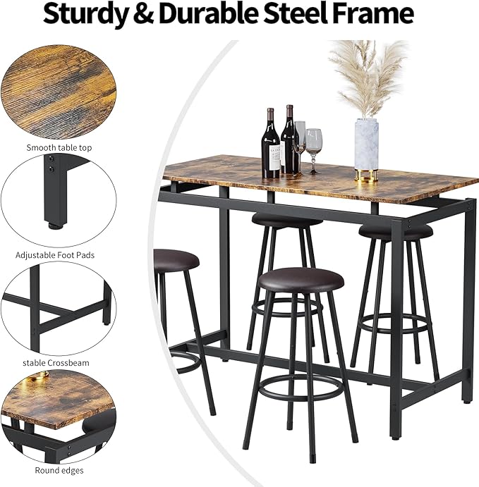5-Piece Bar Table and Chairs Set, 47.2'' Pub Table Set - Image 6