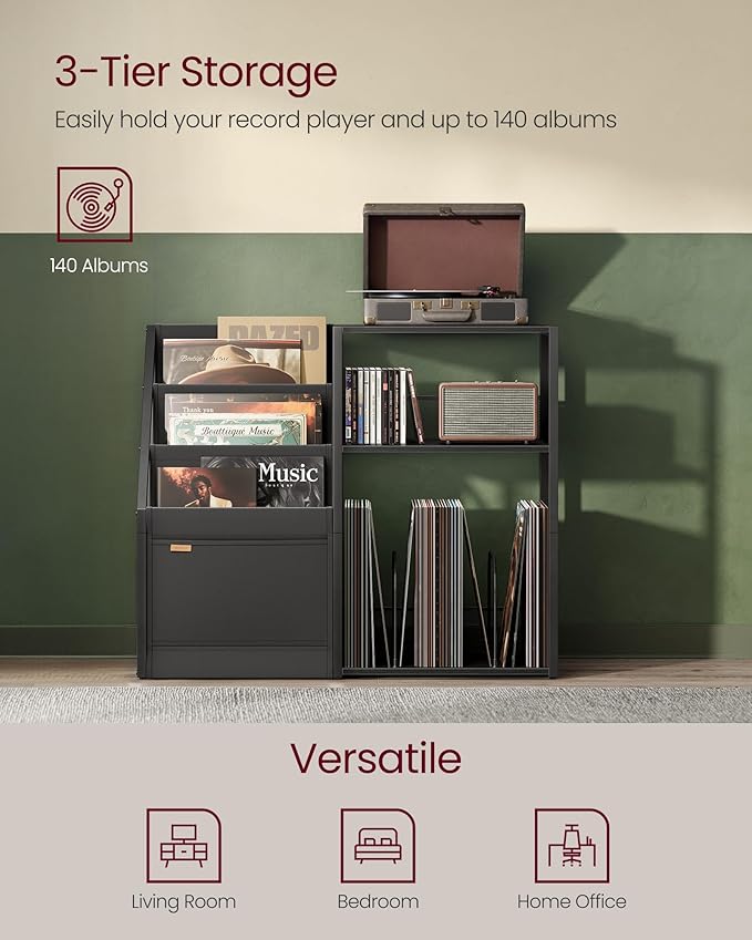 VASAGLE Record Player Stand, 3-Tier Side Table, Vinyl Record Storage up to 140 - Image 4