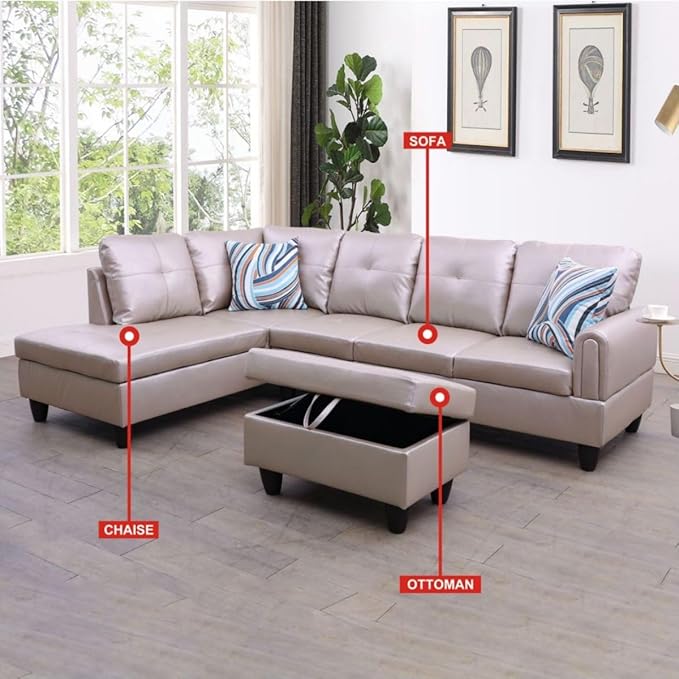 Latte L-Shaped 3-Piece Faux Leather Sofa - Image 2