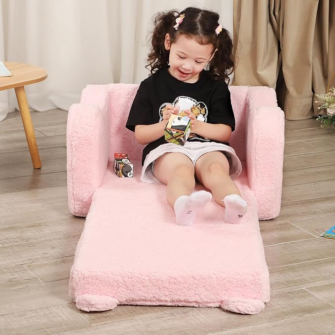 Kids Chairs for Toddler, 2-in-1 Toddler Soft Sherpa Couch Fold Out, Convertible - Image 4