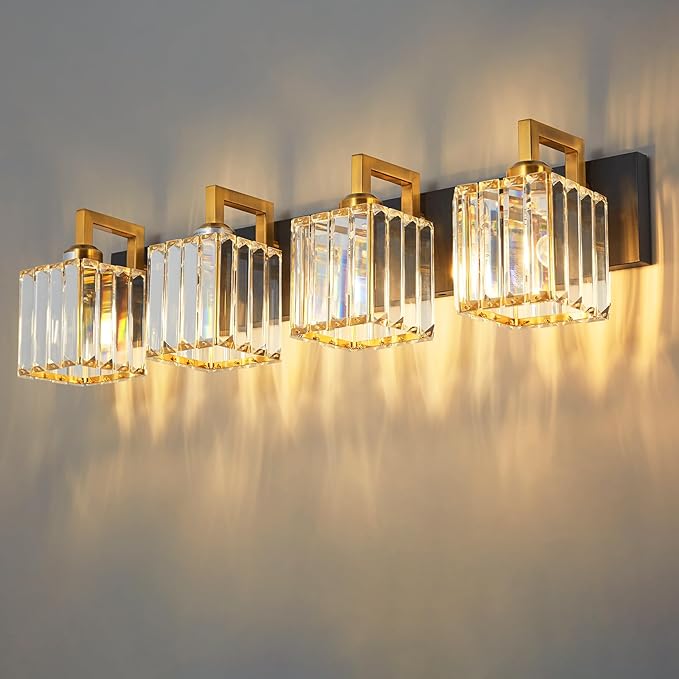 Modern Bathroom Vanity Light 4-Lights Black Gold Crystal Wall Lamp Bathroom by FDPBY