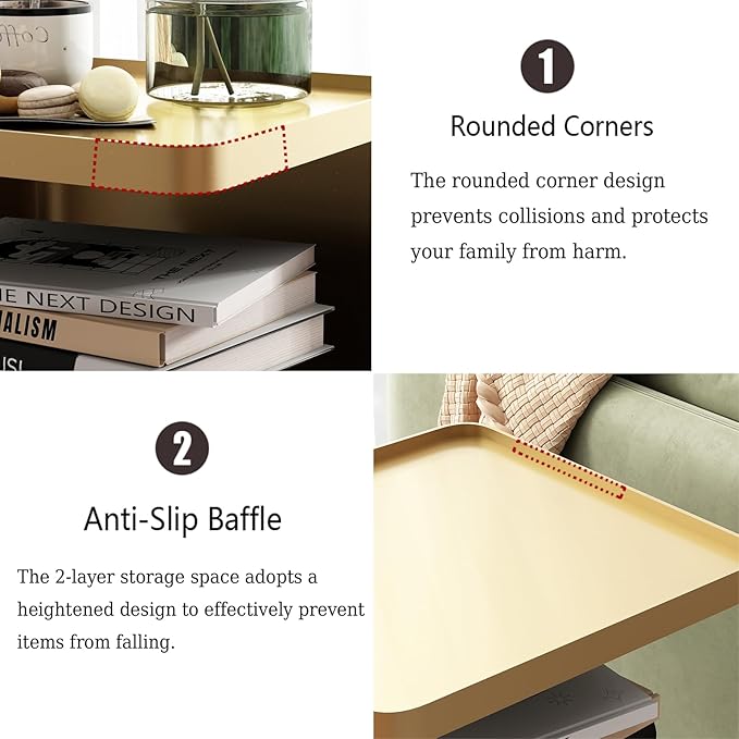 Gold Nightstand with Storage, 2 Tier Small End Tables Bedroom, Modern Side - Image 3