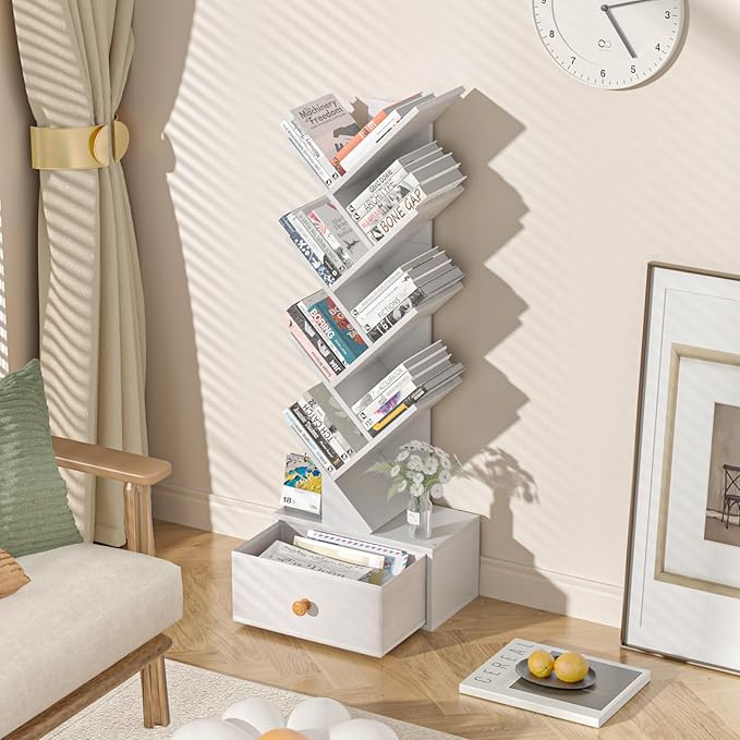 8 Tier Tree Bookshelf with Drawer, Free Standing Wood Bookcase - Image 2