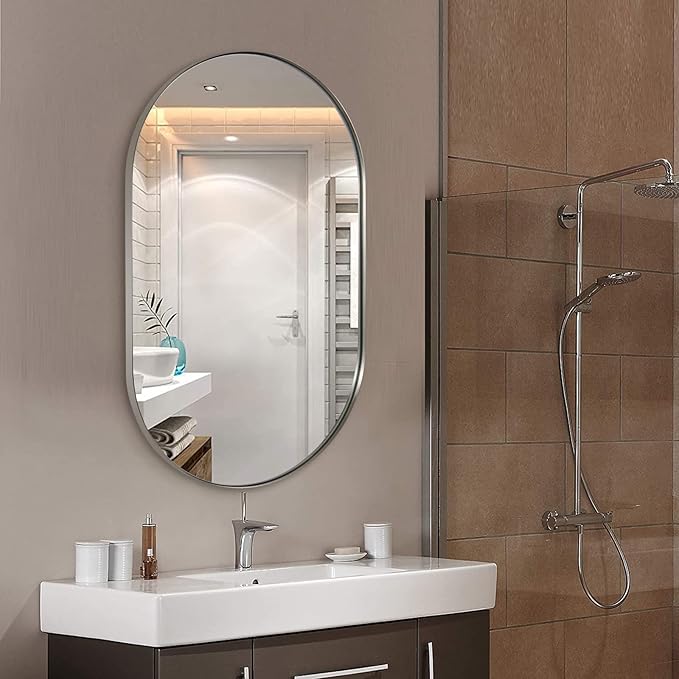 ANDY STAR Brushed Nickel Oval Bathroom Mirror, 24x36 Nickel Pill-Shaped Mirror by ANDYSTAR