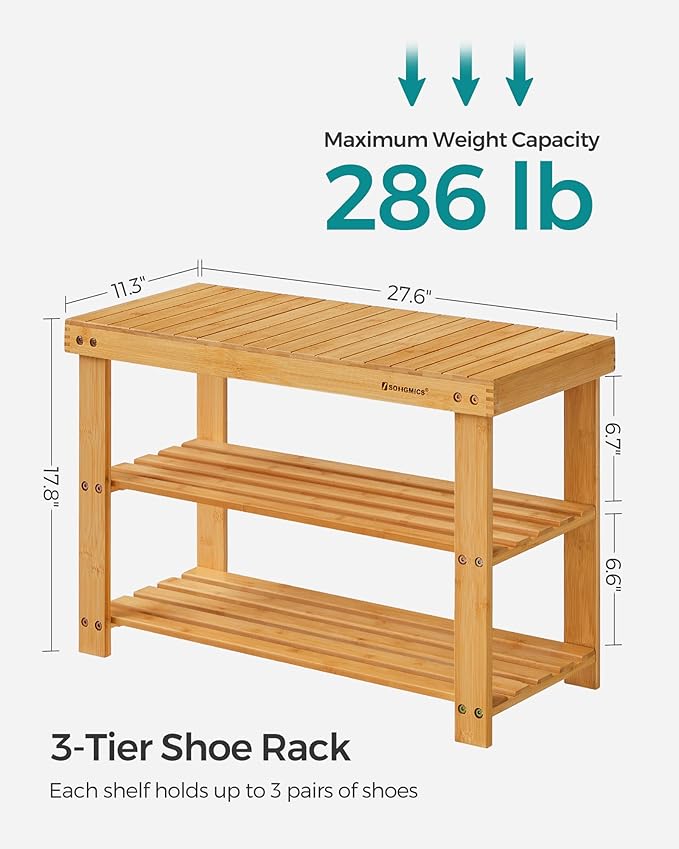 SONGMICS Shoe Rack Bench, 3-Tier Bamboo Shoe Storage Organizer, Entryway Bench - Image 6