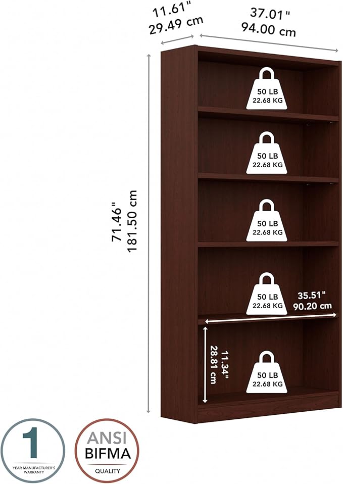 Bush Furniture Universal Tall 5 Shelf Bookcase in Vogue Cherry, Vertical - Image 3