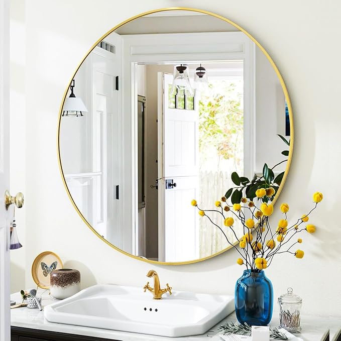Gold Round Bathroom Mirror, 24 inch Circle Wall Mounted Hanging Mirror by VooBang