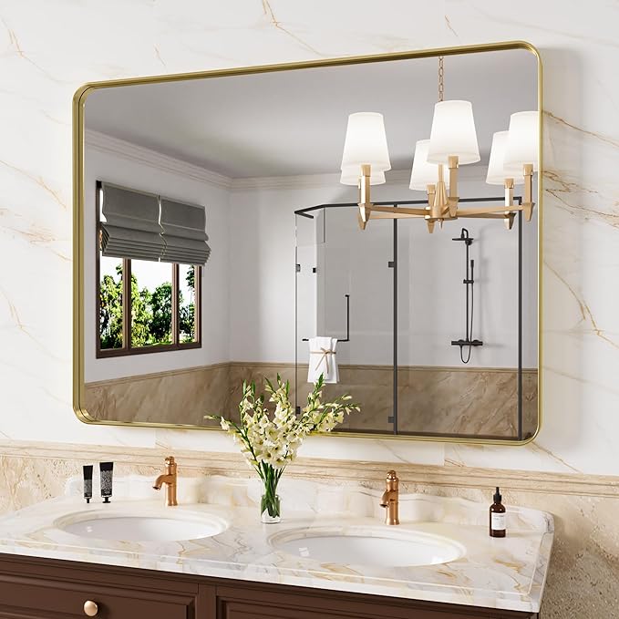 Gold Bathroom Mirror, 48x32 Inch Brushed Gold Metal Frame Mirror by JISOSO