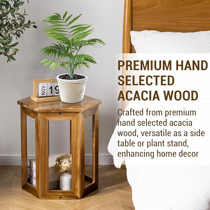 MyGift Premium Acacia Solid Wood Hexagon Designer End Table, 20 Inch Tall - Image 3