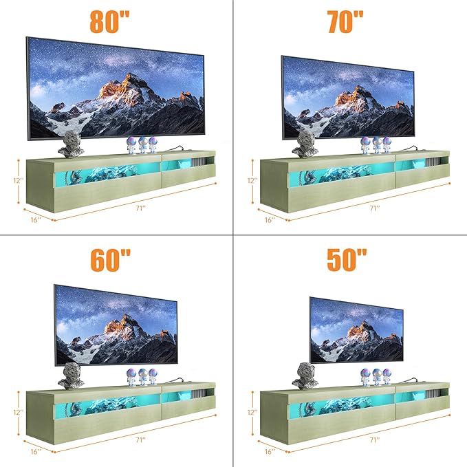 Floating TV Stand with Led Lights, 71 inch Wall Mounted TV Shelf with Power - Image 5