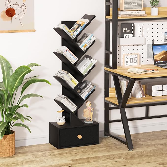 8 Tier Tree Bookshelf with Drawer, Free Standing Wood Bookcase - Image 4