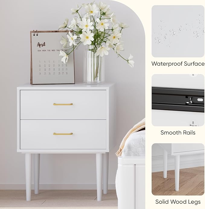 26 H White Nightstand with 2 Drawers, Small Night Stand with Gold Handles - Image 4