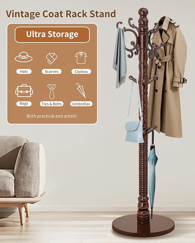 EZIVIEZ Wooden Coat Rack Stand, Solid Wood Freestanding Coat Rack, Vintage Coat - Image 8