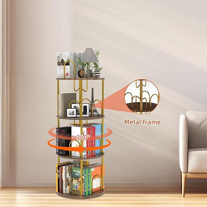 3 Tier Rotating Bookshelf, 360° Spinning Bookshelf Tower, Round Narrow Space - Image 4