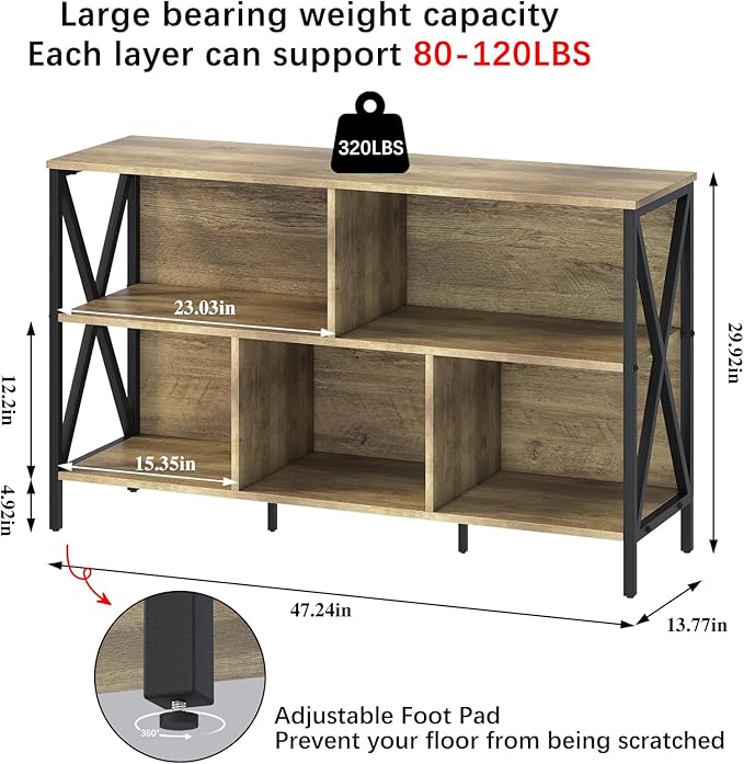 Horizontal Bookshelf, Industrial Modern 5 Cube Low Wide Cubby Bookcase - Image 3