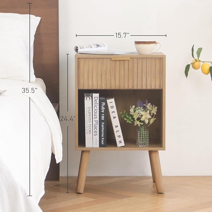 Night Stand with Drawer, Mid Century Nightstand with Storage, Modern Fluted - Image 3