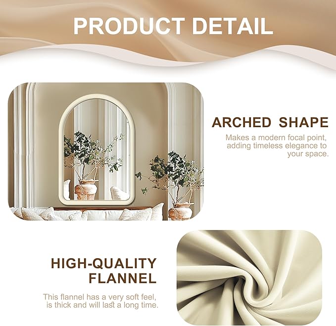 36"x24" Arched Bathroom Mirror, Wall Mounted Vanity Velvet Frame Mirror - Image 5