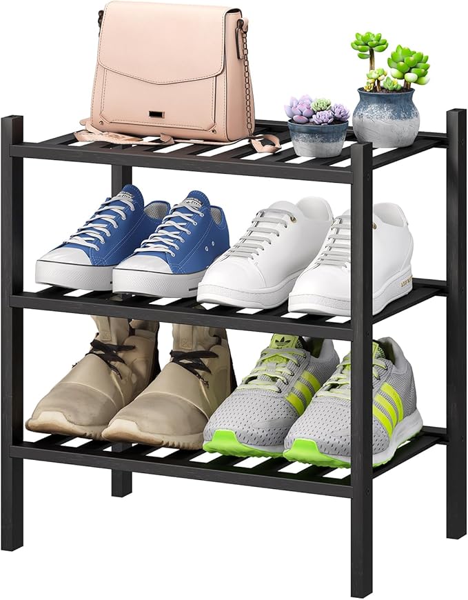 Small Shoe Rack for Entryway, 3-Tier Black Bamboo Shoe Organizer for Hallway by VIEWCARE