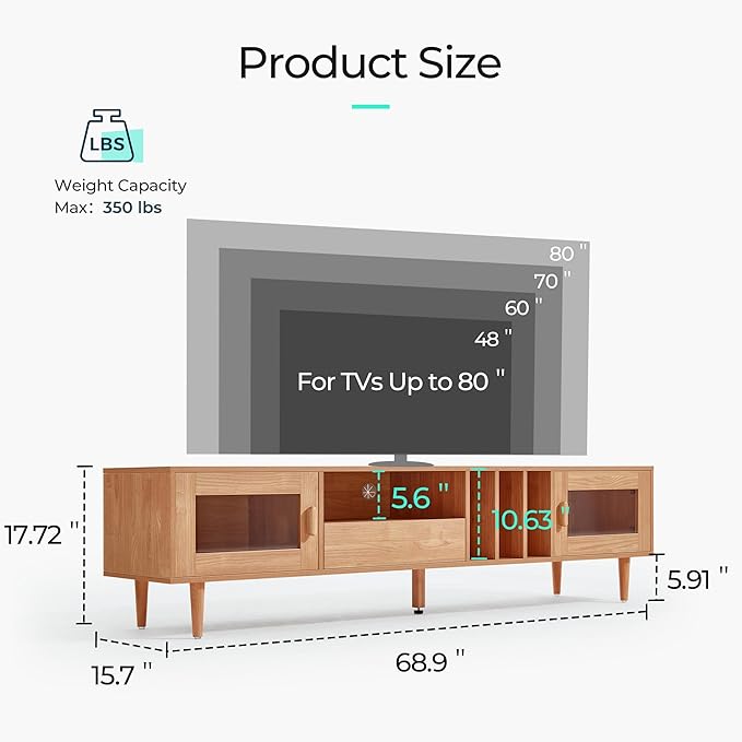 LINSY 70" TV Stand for TVs up to 80 Inch, Mid Century Modern Entertainment - Image 2