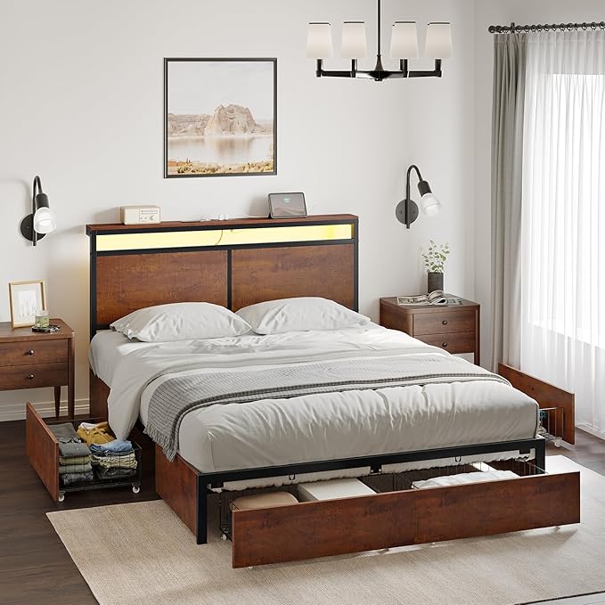 Full Bed Frame with Storage Headboard and 4 Drawers Bed Frame Full Size with by HAUSOURCE