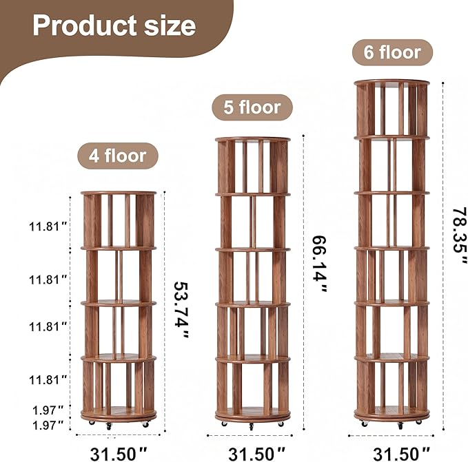 KEIKI 5 Tier Rotating Bookshelf on Wheels, Solid Wood Revolving Bookcase - Image 2