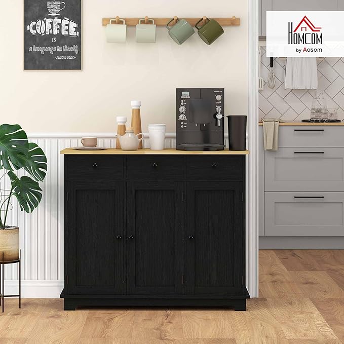 HOMCOM Sideboard with Solid Wood Countertop, Modern Kitchen Storage Cabinet - Image 2