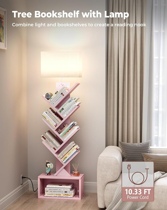 6 Tier Tree Bookshelf with Light, Narrow Bookcase Tower, Tall Floor Standing - Image 3
