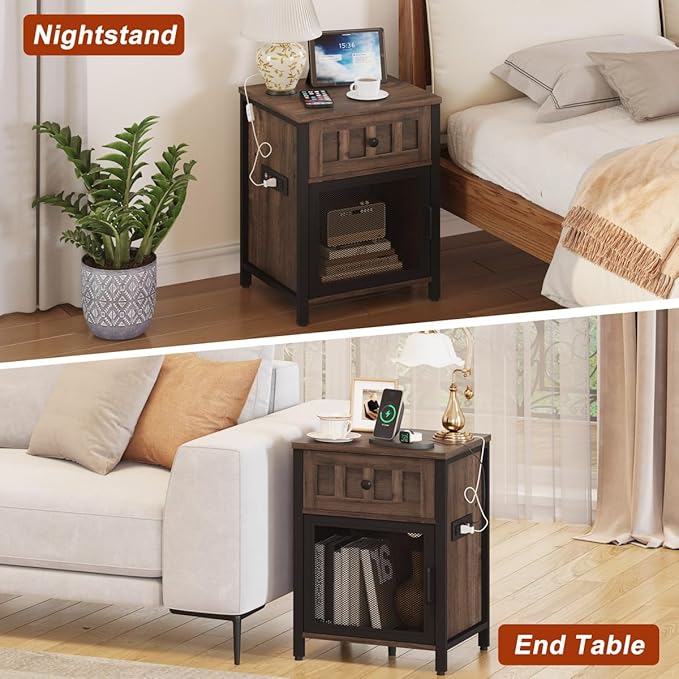 FATORRI End Table with Charging Station, Farmhouse Side Table with Drawer - Image 7