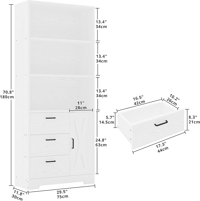 IRONCK Bookshelf with Door and 3 Drawers, 71in Tall Bookcase Shelf with 3-Tier - Image 3