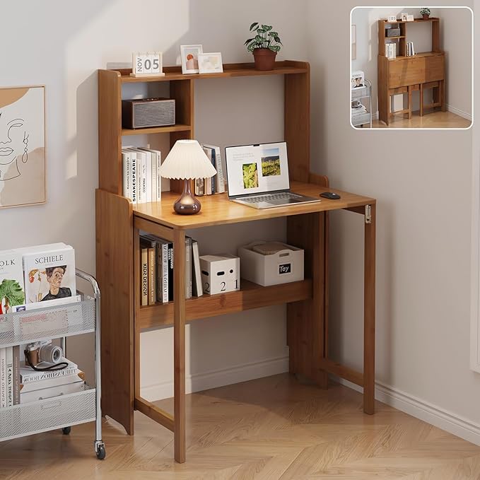 Bamboo Folding Desk with Storage Rack Mid Century Modern Desk by Unknown