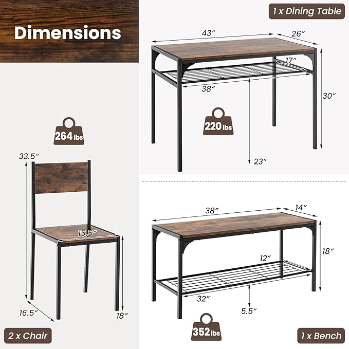 Tangkula Dining Table Set for 4, Kitchen Table and 2 Chairs for 4 - Image 6
