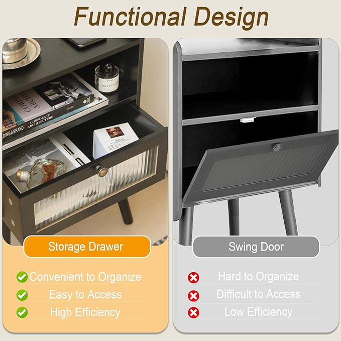 AWASEN Black Nightstand with Charging Station, Modern Bedside Table with Glass - Image 5