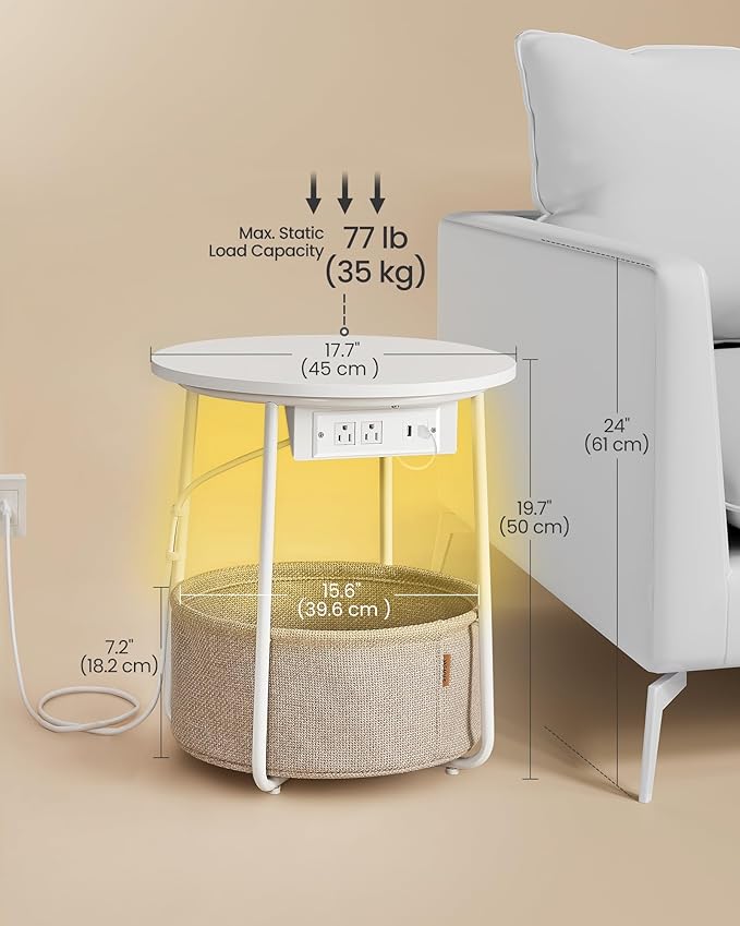 VASAGLE Side Table with Charging Station, Round End Table with Fabric Basket - Image 5