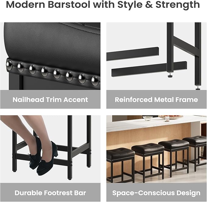 MALOL Set of 4 Saddle Bar Stools Counter Height 24.4”, Backless Barstools - Image 3