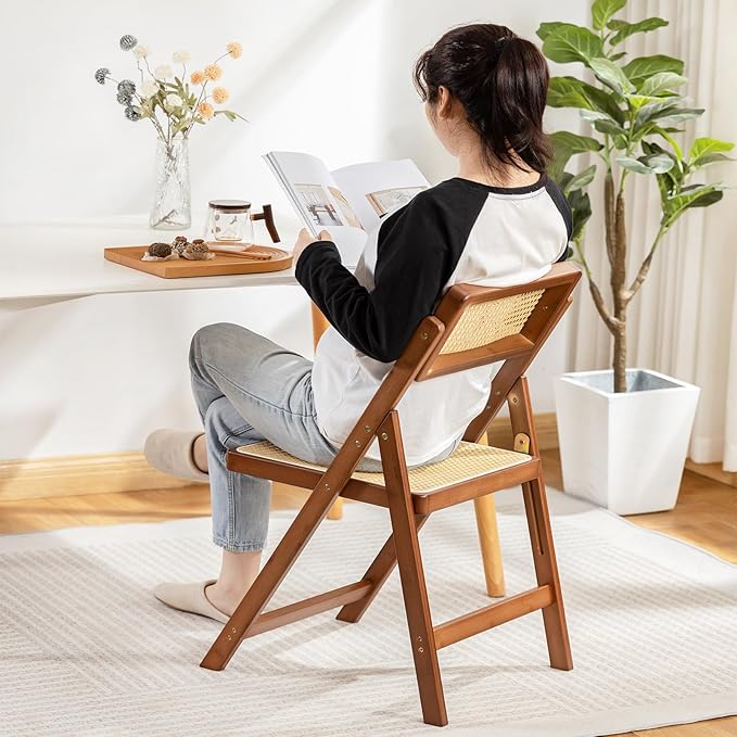 Rattan Folding Chairs, Modern Mid Century Dining Chairs Set of 2, Outdoor - Image 5
