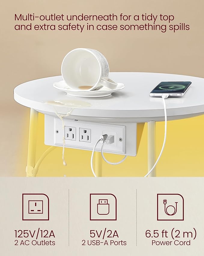 VASAGLE Side Table with Charging Station, Round End Table with Fabric Basket - Image 4