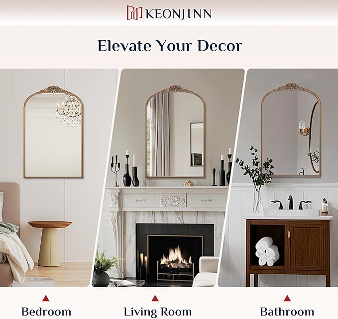 Keonjinn Arched Gold Wall Mirror, Traditional Brass Mirror, Decorative Baroque - Image 7
